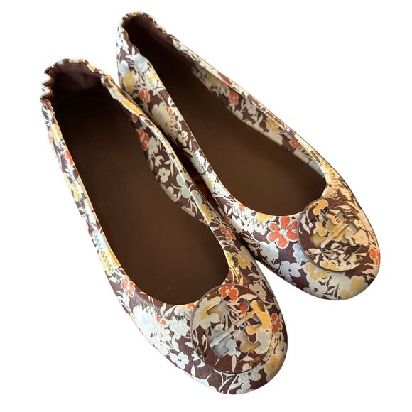 TORY BURCH MINNIE TRAVEL BALLET FLAT LEATHER BROWN REVERIE COMBO LOGO SZ US 9 - Picture 1 of 9